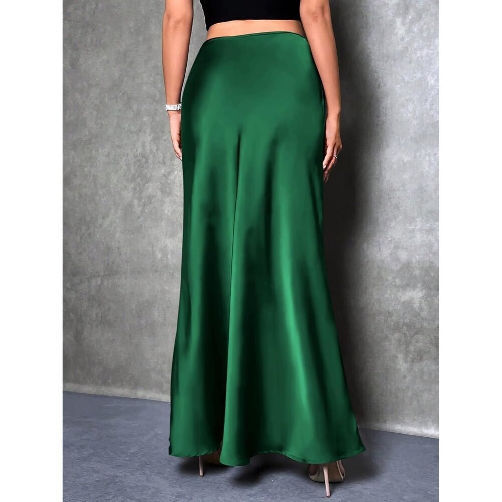 Elegant Satin Maxi Skirt for Women High Waisted Deep Green Silk Dressy Casul - Picture 6 of 7